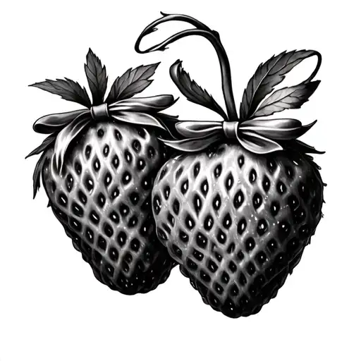 two fine line realistic strawberries connected with a bow  tattoo design idea