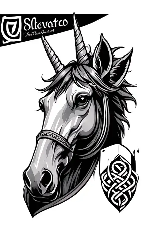 unicorn head with shield celtic knot intertwined tattoo design idea
