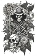 abstract time piece with marijuana fill in gaps and grim reaper tattoo design idea