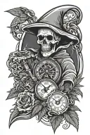 abstract time piece with marijuana fill in gaps and grim reaper tattoo design idea