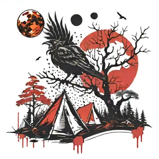 Moon shining over a campsite surrounded by ghoulish trees with a flying bird struck by an arrow tattoo design idea
