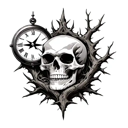skull, hourglass, clock, compass, demon, thorns, dead tree, death, sand, evil, hatred, depression tattoo design idea