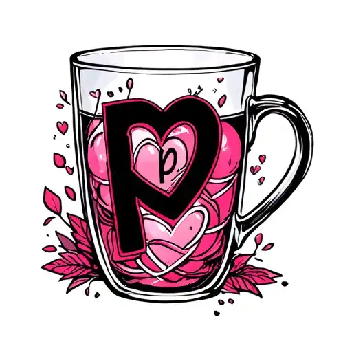 Mug alcohol with heart and pink intertwined within with the letter p and e representative love complicity and madness tattoo design idea