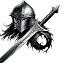 middle age, knight, sword, helmet, skyrim, dark fantasy, realistic, detailed, aesthetic tattoo design idea
