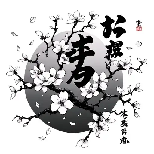 cherry blossom tree branches and falling petals with Japanese words alongside less dramatic more fine line  tattoo design idea