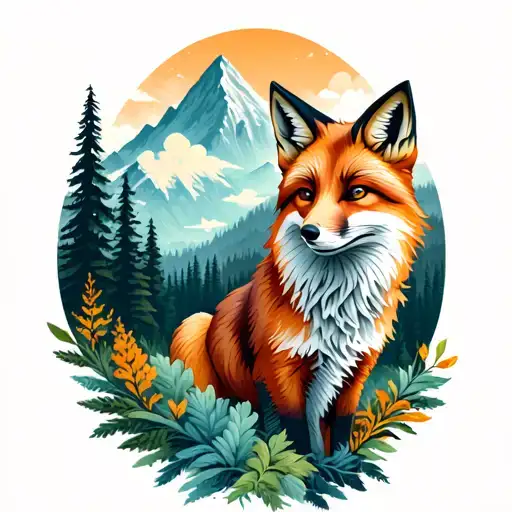 In one area include a nature concept with a fox, forest, mountains, clouds tattoo design idea