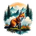 In one area include a nature concept with a fox, forest, mountains, clouds tattoo design idea