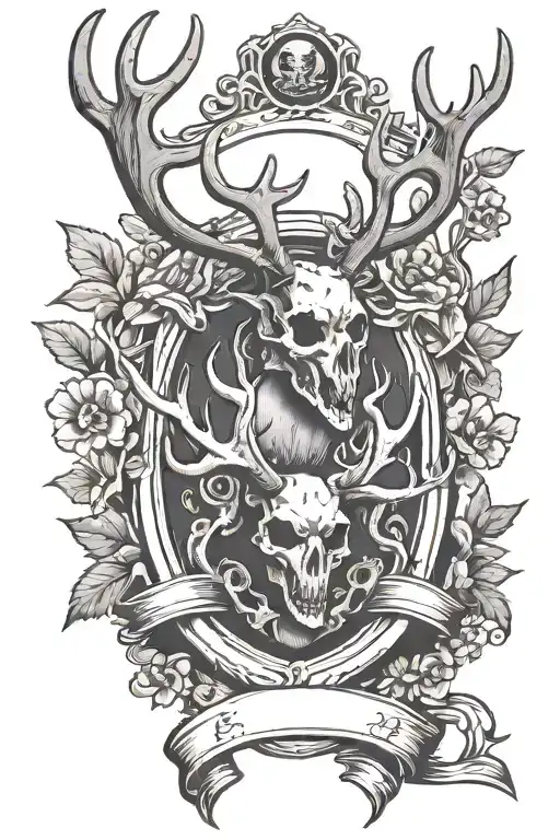 family crest with 5 deer skull tattoo design idea