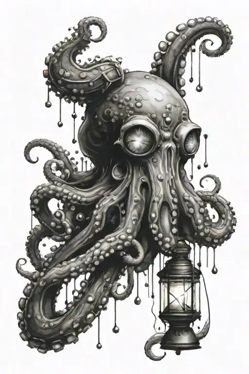 sketch of a tattoo of an octopus surrounded by algae and bubbles, volumetric shades of gray and black, holding a lantern in a tentacle, on the head tattoo design idea