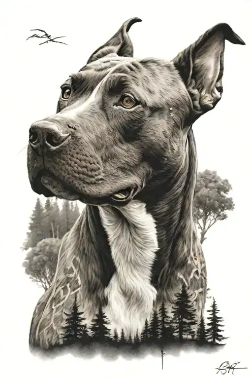 pitbull dog with background of the forest tattoo design idea