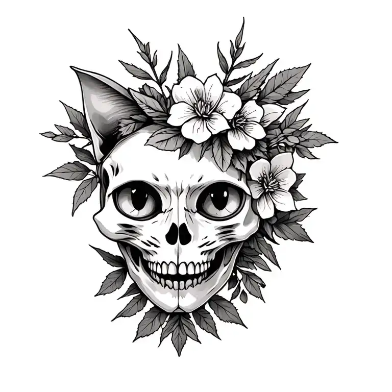 cat skull with sage and clove plant branches and flowers tattoo design idea