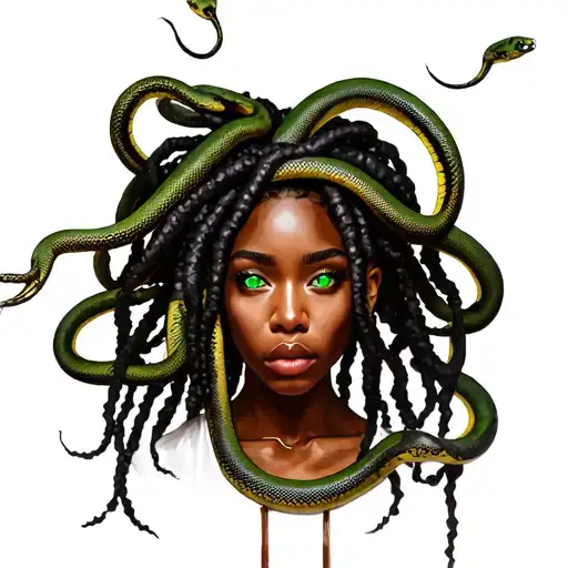medusa fashionista black woman with dread locs and snakes with green eyes tattoo design idea
