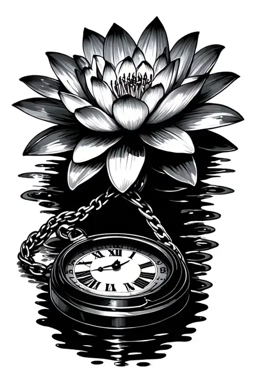 old school fob watch with chain water lily flower tattoo design idea