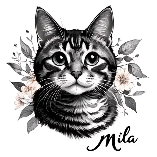 Cat name Mila name in cursive tattoo design idea