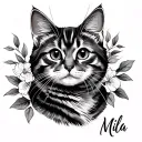 Cat name Mila name in cursive tattoo design idea