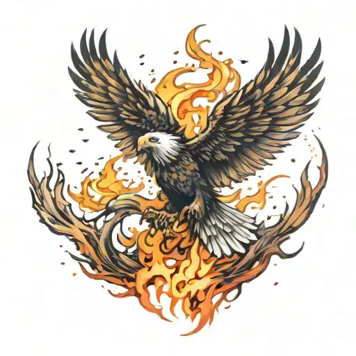 An eagle-phoenix hybrid with its wings outstretched. Infused with flame-like texture. Realistic and mystical, powerful tattoo design idea