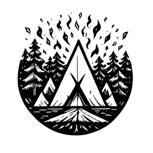 line art camping fire triangles paper airplane tattoo design idea