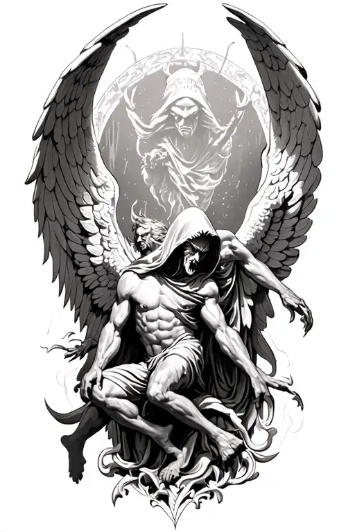 hooded arch angel defeating a demon tattoo design idea