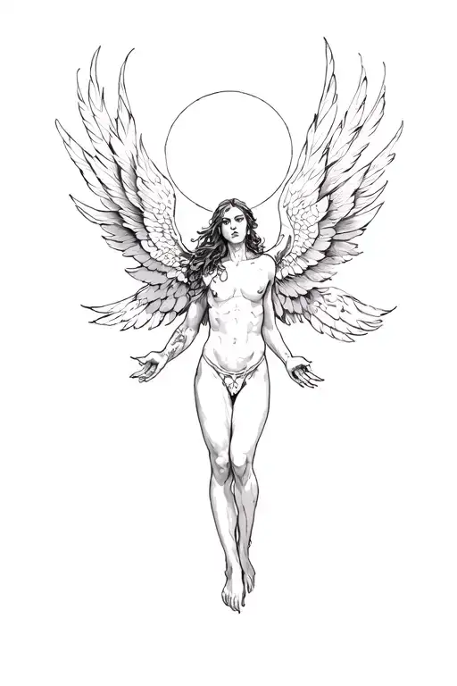 icarus falling from the sun, feathers around his hands, whole body, feminine tattoo design idea