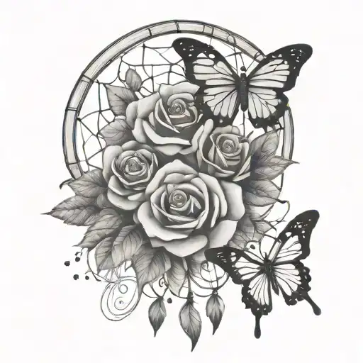 roses butterfly dream catcher tattoo design idea