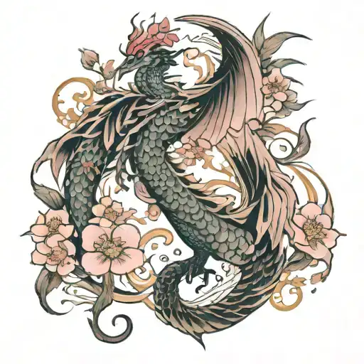 Phoenix and dragon sleeve Japanese cherry blossom  tattoo design idea