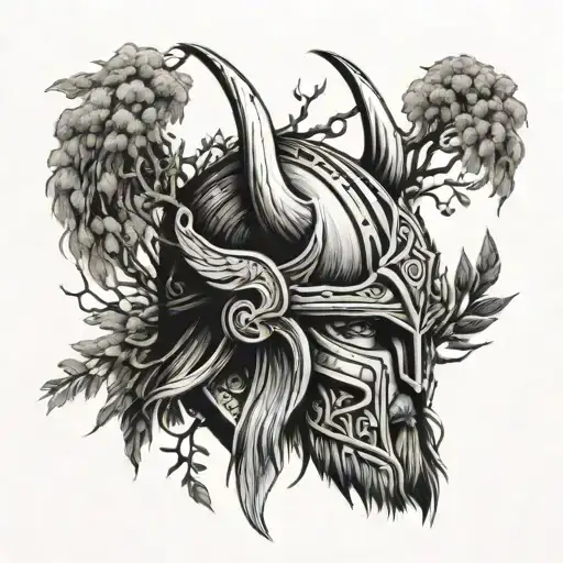 Craft a black and grey tattoo of a Viking helmet surrounded by willow branches and storks in flight tattoo design idea