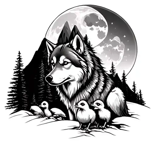 wolf with two chicks on full moon in the background of the mountain around the forest tattoo design idea