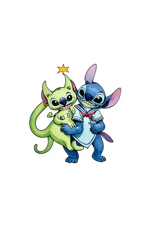 stitch wearing oogie boogie costume holding ragdoll sailor moon in one arm and sailor moon cat in other arm.  tattoo design idea