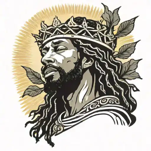 black jesus with dreadlocks wearing a crown of thorns praying hands doves clouds and sunray shining behind jesus head tattoo design idea