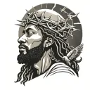 black jesus with dreadlocks wearing a crown of thorns praying hands doves clouds and sunray shining behind jesus head tattoo design idea