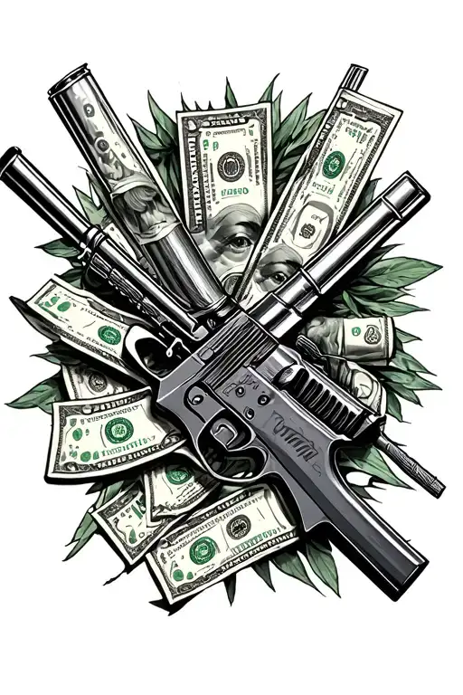 Women's drug weapon money tattoo design idea