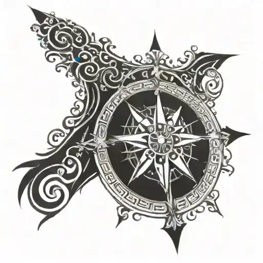 An intricate compass rose design with Greek key patterns, representing a love for sailing and Greek mythology tattoo design idea