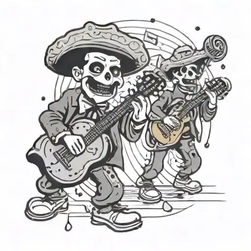 A ghostly mariachi band playing in a basketball court with money raining down tattoo design idea