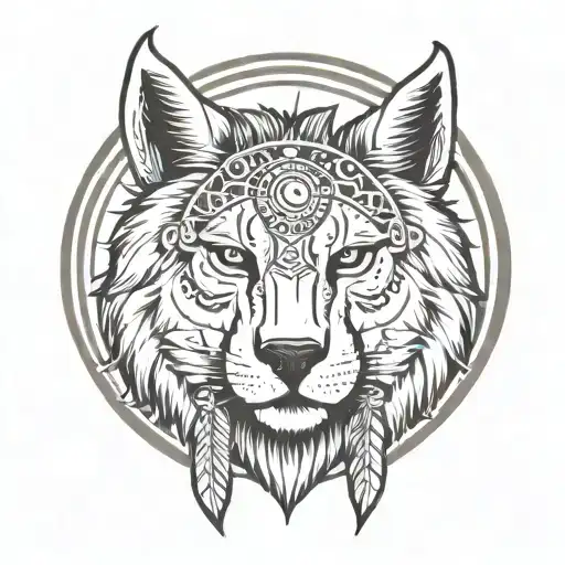 front view with three points, left side wolf face, right side lion face, wearing indian cherokee head piece  tattoo design idea