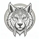 front view with three points, left side wolf face, right side lion face, wearing indian cherokee head piece  tattoo design idea
