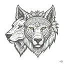 front view with three points, left side wolf face, right side lion face, wearing indian cherokee head piece  tattoo design idea