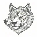 front view with three points, left side wolf face, right side lion face, wearing indian cherokee head piece  tattoo design idea
