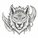 front view with three points, left side wolf face, right side lion face, wearing indian cherokee head piece  tattoo design idea