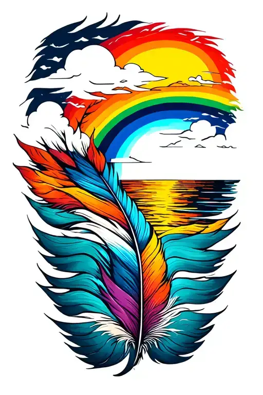 a sunset and ocean water and a rainbow/ white cloud inside a feather tattoo design idea