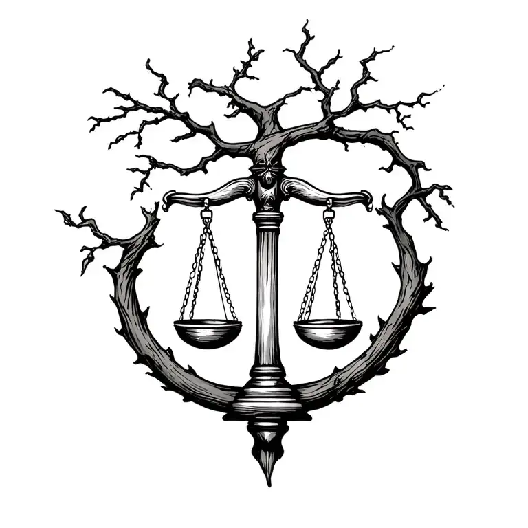 scale of Justice incorporating a tree branch tattoo design idea