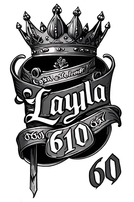 Gangster style crown with script writing of Layla and 610 tattoo design idea