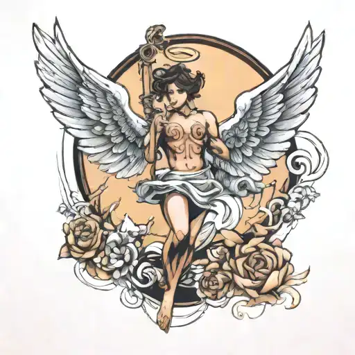 Gabriel the angel flying over a marina bay tattoo design idea
