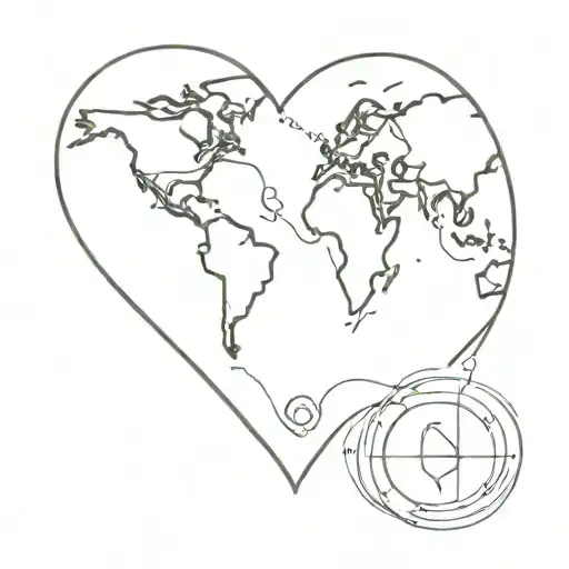 fingerprint heart with world map and navigation compass inside tattoo design idea