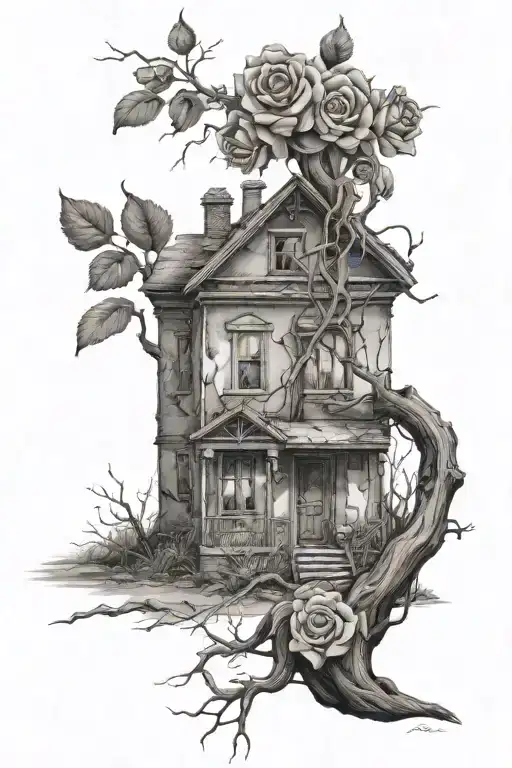 Abandoned Stalin-era house, roses, tree roots tattoo design idea