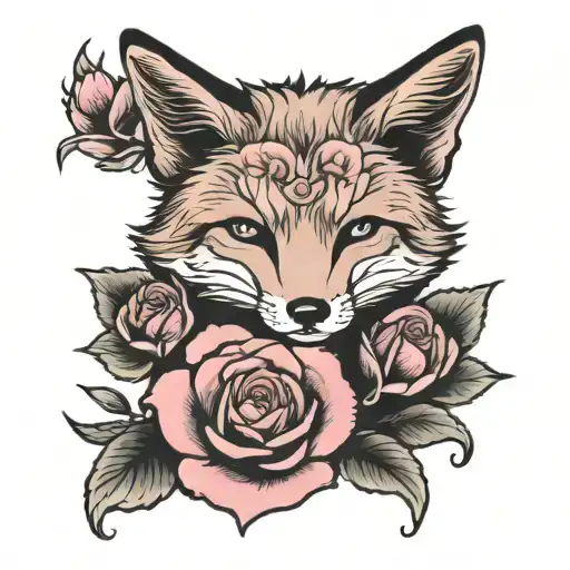 fox in a pink rose tattoo design idea