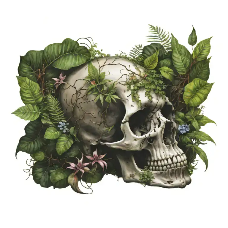 Skull surrounded by a variety of poisonous plants found in the rainforest tattoo design idea