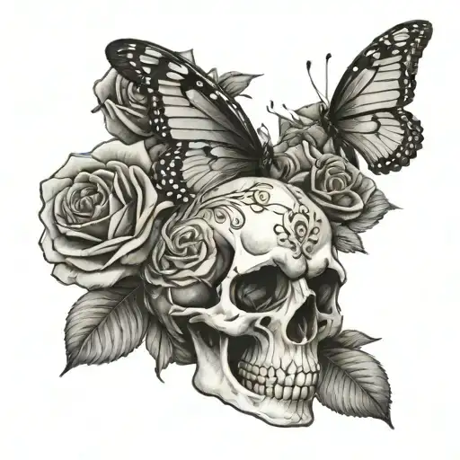 Skull, roses, with butterfly perched tattoo design idea