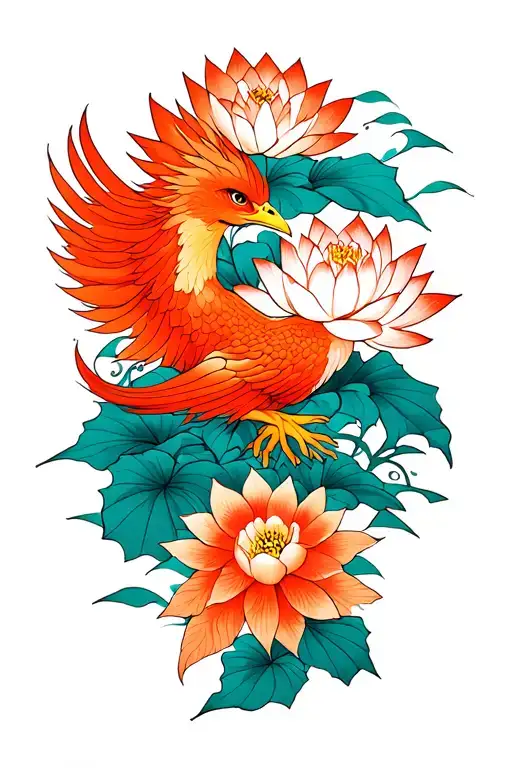 leg sleeve traditional japan phönix wirh lotus flower blooming tattoo design idea