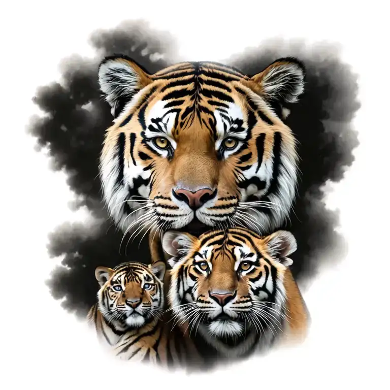 grown male tiger and two tiger cubs tattoo design idea