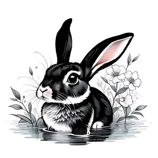 black and white tattoo of a rabbit. Japanese style water with some flowers. Geometric background tattoo design idea